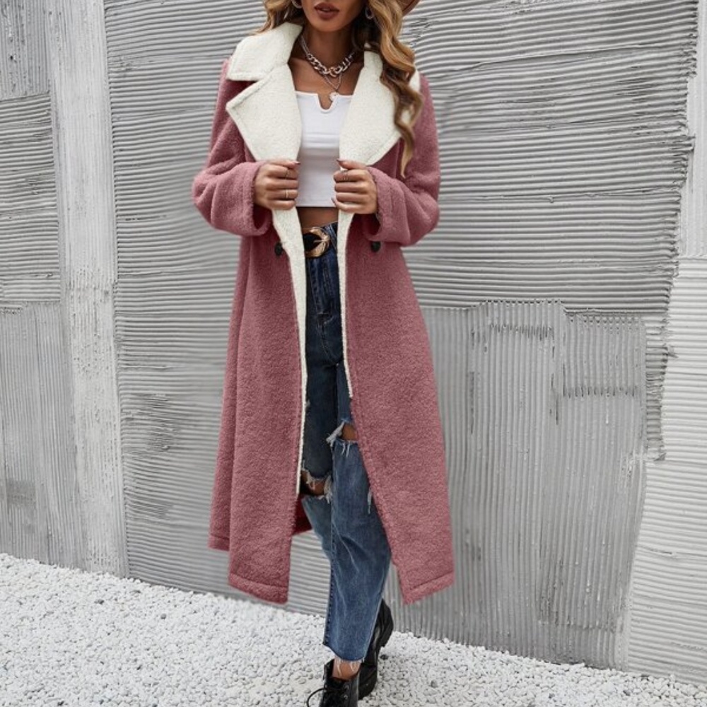 Cozy Pink Teddy Long Coat Jacket Minimalist - Picture 10 of 12
